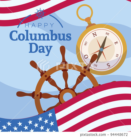 Wooden ship wheel and compass Colored columbus day poster Vector 94448672