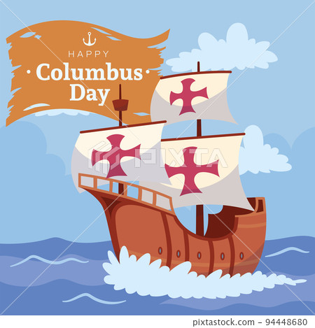 Wooden caravel on a colored columbus day template Vector 94448680