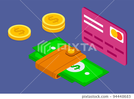 Finance concept, credit card, golden coins, wallet with dollars, payment with electronic money Finance concept, credit card, golden coins, wallet with dollars, payment with electronic money 94448683