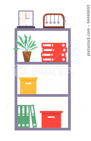 Rack with shelves, furniture, office stand with folders, boxes with files, newton s cradle, clock Rack with shelves, furniture, office stand with folders, boxes with files, newton s cradle, clock 94448693