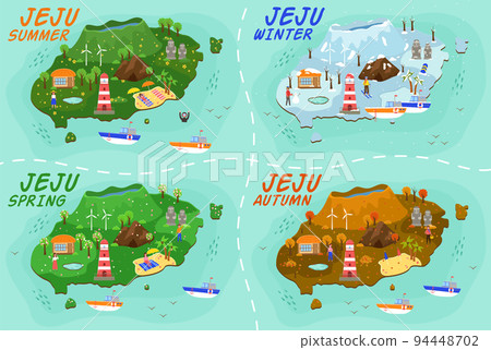 Jeju island travel map. Welcome to Jeju in spring, summer, autumn and winter 94448702