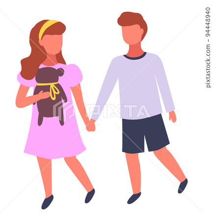 Cute couple of children, little girl wearing pin dress with teddy bear holding hands with boy 94448940