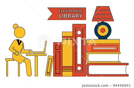 Business woman using laptop sitting at table, electronic library concept with big books and lamp 94448941