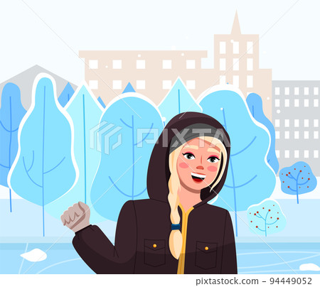 Girl on winter city street. Cute woman vector illustration in flat style walk in winter time Girl on winter city street. Cute woman vector illustration in flat style walk in winter time 94449052