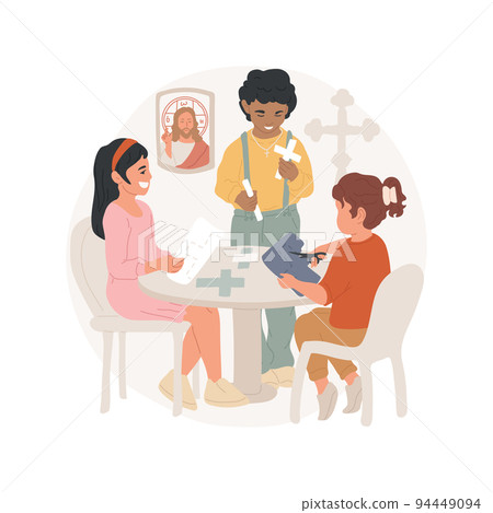 Bible crafts isolated cartoon vector illustration. Children make paper bible crafts together, hand made cross, Sunday school art lesson, religious education, catholic teaching vector cartoon. 94449094
