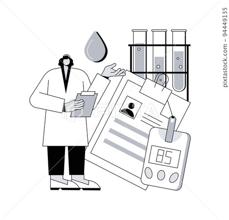 Diabetes exam results abstract concept vector illustration. Blood sugar level test, lab tube, health checkup, laboratory result, glucose monitor, chronic disease treatment abstract metaphor. Diabetes exam results abstract concept vector illustration. Blood sugar level test, lab tube, health checkup, laboratory result, glucose monitor, chronic disease treatment abstract metaphor. 94449135