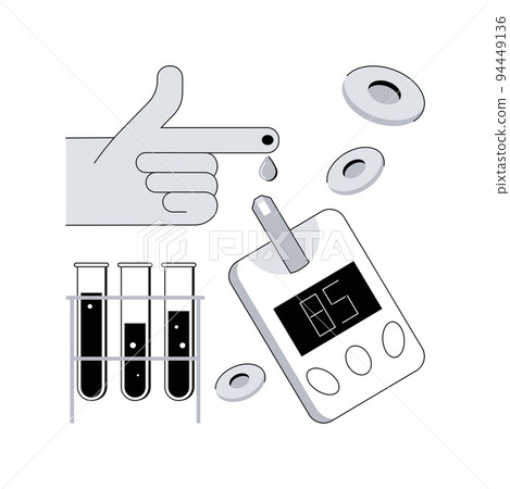 Blood glucose meter abstract concept vector illustration. Sugar level control at home, diabetes mellitus, blood sample, screen test, chronic disease, medical check, glucometer abstract metaphor. Blood glucose meter abstract concept vector illustration. Sugar level control at home, diabetes mellitus, blood sample, screen test, chronic disease, medical check, glucometer abstract metaphor. 94449136