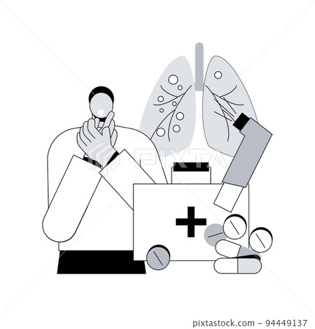 Medicine for bronchial asthma abstract concept vector illustration. Chronic pulmonary disease symptoms and treatment, breathing attack, inhalation for bronchitis, allergy cough abstract metaphor. 94449137