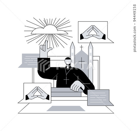 Online church abstract concept vector illustration. Internet church, religious activities, prayer and discussion, preaching, worship services, stay at home, social distancing abstract metaphor. 94449158