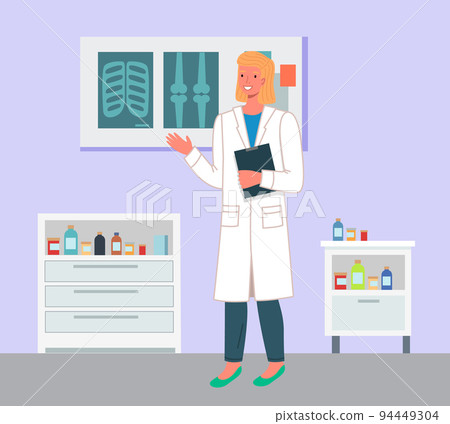 Cartoon female doctor in the medical office holding a blank clipboard. Health protection concept Cartoon female doctor in the medical office holding a blank clipboard. Health protection concept 94449304