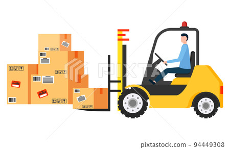 Man Driving Forklift Machine, Truck Moving Boxes Man Driving Forklift Machine, Truck Moving Boxes 94449308