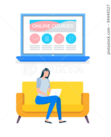 Woman Sitting on Couch and Studying Online Woman Sitting on Couch and Studying Online 94449327
