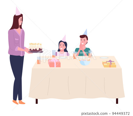 Family holiday birthday. Happy family celebrates sitting at the festive table with gifts and cake Family holiday birthday. Happy family celebrates sitting at the festive table with gifts and cake 94449372