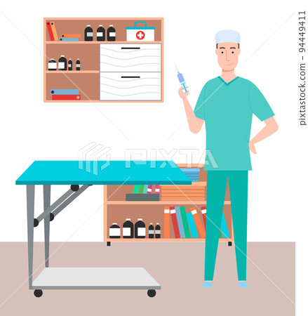 Cartoon male doctor in the medical office holding a syringe with a needle. Health protection concept 94449411