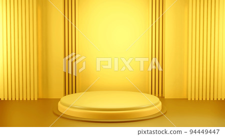 Abstract 3D podium with lighting gold color on a yellow background. Podium stage for an award ceremony or performance by an artist. Stock 3D redering illustration. Abstract 3D podium with lighting gold color on a yellow background. Podium stage for an award ceremony or performance by an artist. Stock 3D redering illustration. 94449447