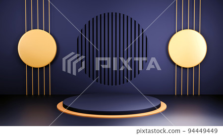 Abstract geometry shape podium, blue and gold pastel product stand presentation with minimal style. 3d rendering illustration. Abstract geometry shape podium, blue and gold pastel product stand presentation with minimal style. 3d rendering illustration. 94449449
