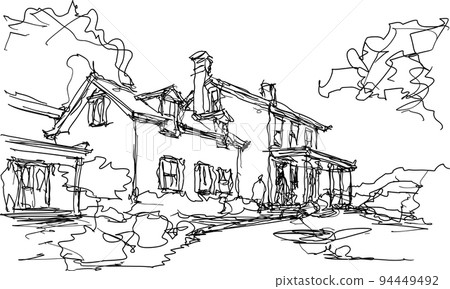 hand drawn architectural sketch of beautiful classic detached village house with garden and trees hand drawn architectural sketch of beautiful classic detached village house with garden and trees 94449492