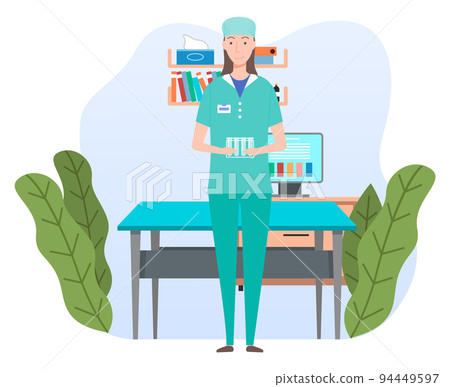 Female character lab worker in medical office holding test tubes, nurse or doctor in green uniform 94449597