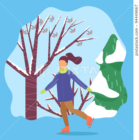 Activity of Woman Skating on Rink near Tree Vector 94449667