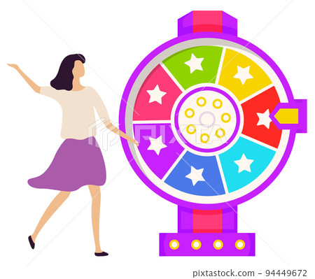 Game fortune wheel concept. Girl playing risk game with fortune wheel and lottery, gambling template 94449672