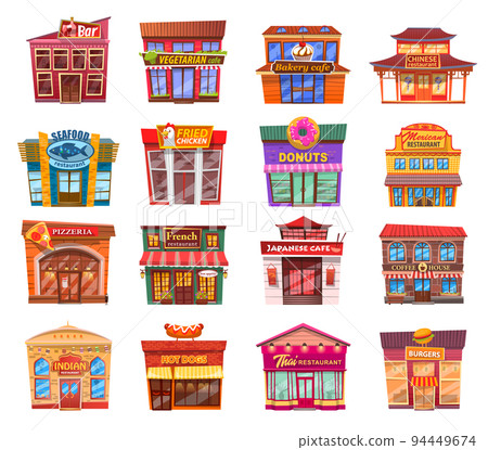Set of nice shops. Different showcases pizzeria, restaurant, cafe, bar flat vector illustration 94449674