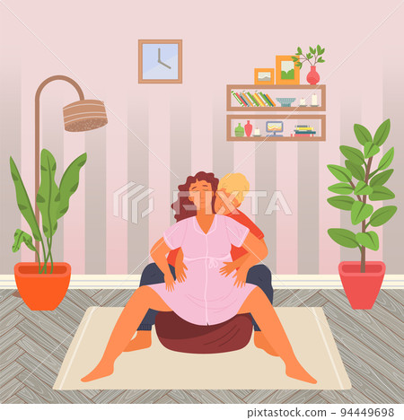 Pregnancy preparing, wife and husband make a position training on bag chair at home flat vector Pregnancy preparing, wife and husband make a position training on bag chair at home flat vector 94449698