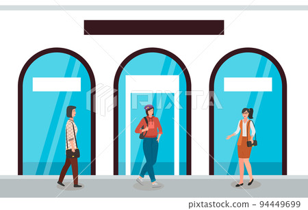 Women on the background of shop windows. Vector illustration of female characters near the store 94449699