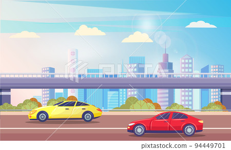 Futuristic Cityscape, Highway with Vehicles Vector 94449701