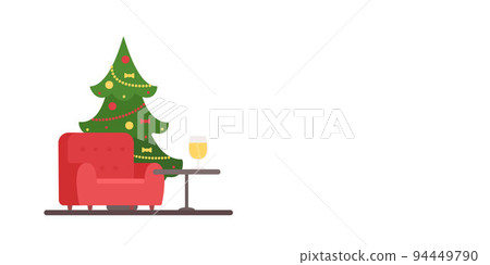 Christmas tree, decorated with garlands, and cozy armchair Christmas tree, decorated with garlands, and cozy armchair 94449790