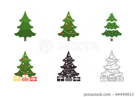 Set of Christmas trees decorated with garlands with gifts on white background Set of Christmas trees decorated with garlands with gifts on white background 94449913