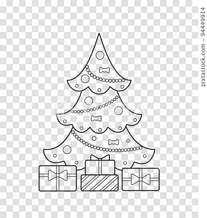 Christmas Tree Is Decorated With Garlands And - Stock Illustration 