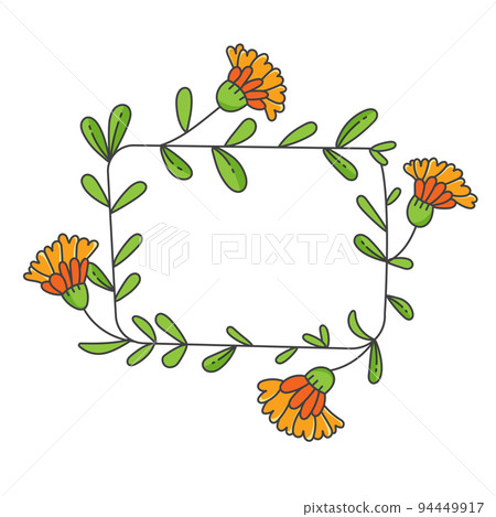 Rectangular frame with orange flowers. Decorative wreath of calendula Rectangular frame with orange flowers. Decorative wreath of calendula 94449917