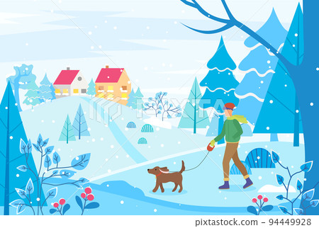 Man Walking Dog in Winter Landscape, Town View 94449928
