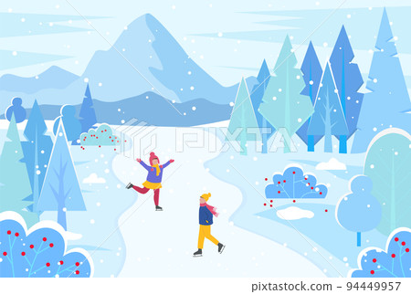 Winter Landscape with Happy Skating People Vector 94449957