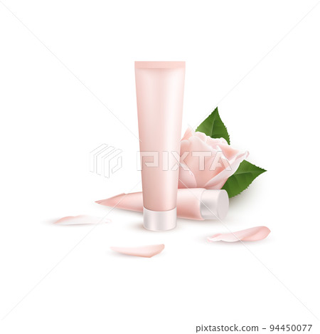 Realistic skin care cream. Two tube of cream, flower and petals rose 94450077
