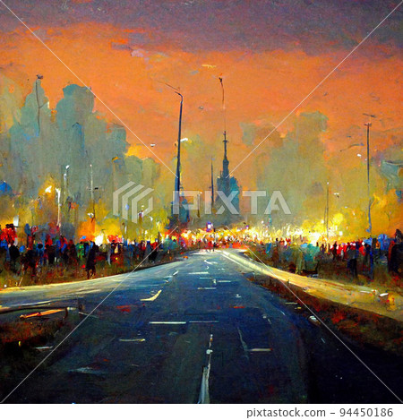 Night city illustration with neon glow and... - Stock Illustration ...