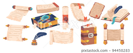 Set Magic Spell Books, Old Manuscripts, Parchments, Ink and Feather Pen. Ancient Scroll, Witchcraft Antique Volumes 94450283