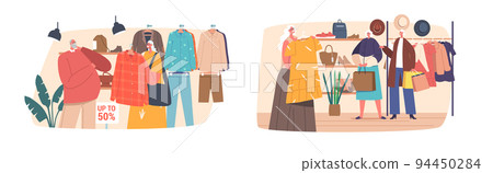 Senior People Choosing Fashioned Dress in Store, Aged Man and Woman Buying Garment Standing near Hanger with Clothes 94450284