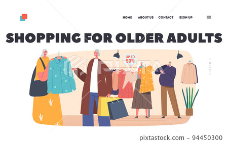 Shopping for Older Adults Landing Page Template. Senior Buyers Characters at Seasonal Sale or Discount in Outlet 94450300