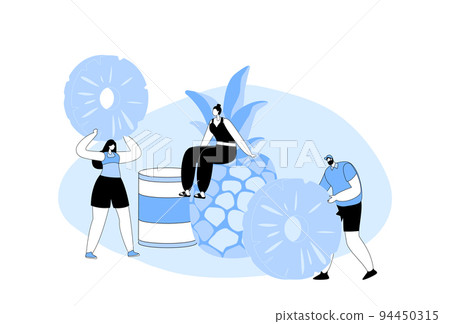 Tiny Male and Female Characters with Huge Ripe Pineapple Fruit Fresh and Canned Salad. Men and Women on Vegetarian Diet 94450315