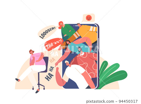 Bullying in Social Media, Bulling Abuse and Harassment Concept. Female Character Sit with Frightened Face at Smartphone Bullying in Social Media, Bulling Abuse and Harassment Concept. Female Character Sit with Frightened Face at Smartphone 94450317