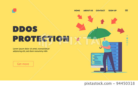 Ddos Protection Landing Page Template. Man with Umbrella Protect Computer from Virus or Hacker Attack, Safety Technology Ddos Protection Landing Page Template. Man with Umbrella Protect Computer from Virus or Hacker Attack, Safety Technology 94450318