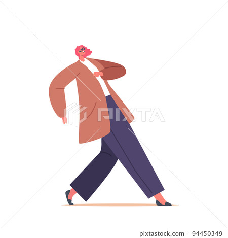 Stylish Positive Woman Walk with Smiling Face. Girl Wear Fashioned Outfit Brown Blazer, Wide Pants and Shoes 94450349
