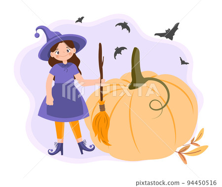 Dark witch girl in a costume with a pumpkin, a broom and bats. Halloween illustration, kids print, vector Dark witch girl in a costume with a pumpkin, a broom and bats. Halloween illustration, kids print, vector 94450516