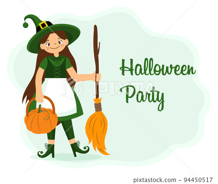 Cute witch girl in a costume with a pumpkin and a broom. Halloween illustration, kids print, vector 94450517
