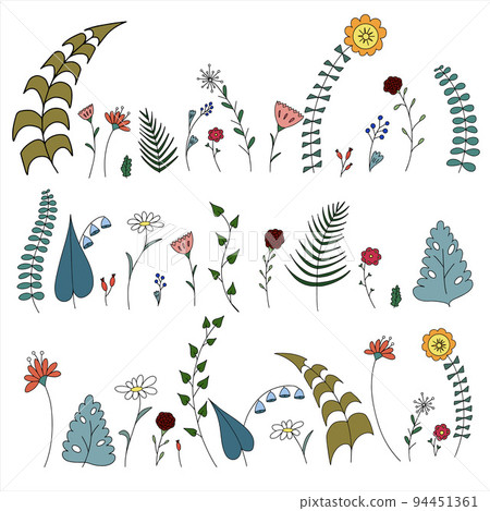 Doodle meadow flowers and leafs set. Colores vector floral icons 94451361