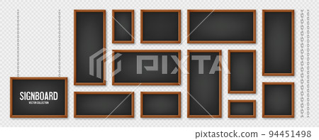 Signboards in a wooden frame hanging on a metal chain. Restaurant menu board. School chalkboard, writing surface for text or drawing. Blank advertising or presentation boards. Vector illustration 94451498