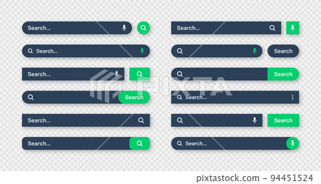 Various search bar templates, dark mode. Internet browser engine with search box, address bar and text field. UI design, website interface element with web icons and push button. Vector illustration Various search bar templates, dark mode. Internet browser engine with search box, address bar and text field. UI design, website interface element with web icons and push button. Vector illustration 94451524