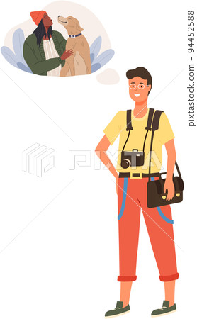 Photographer with camera dreams about shooting woman with dog. Guy with thought of female pet owner 94452588