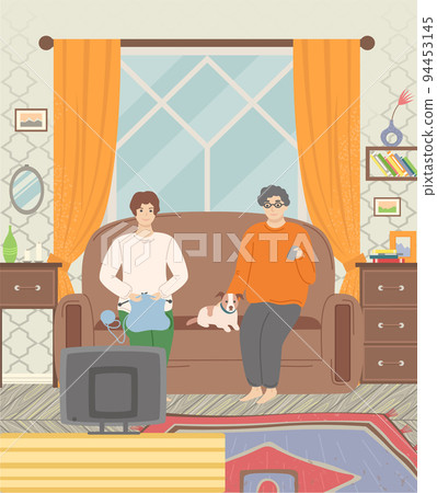 Woman and Man with Pet at Home Couple, Interior Woman and Man with Pet at Home Couple, Interior 94453145